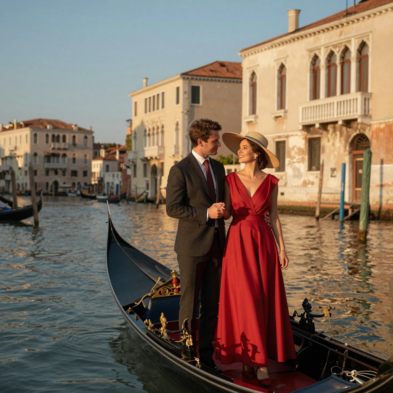 Romantic couple in a gondola at Venice sunset