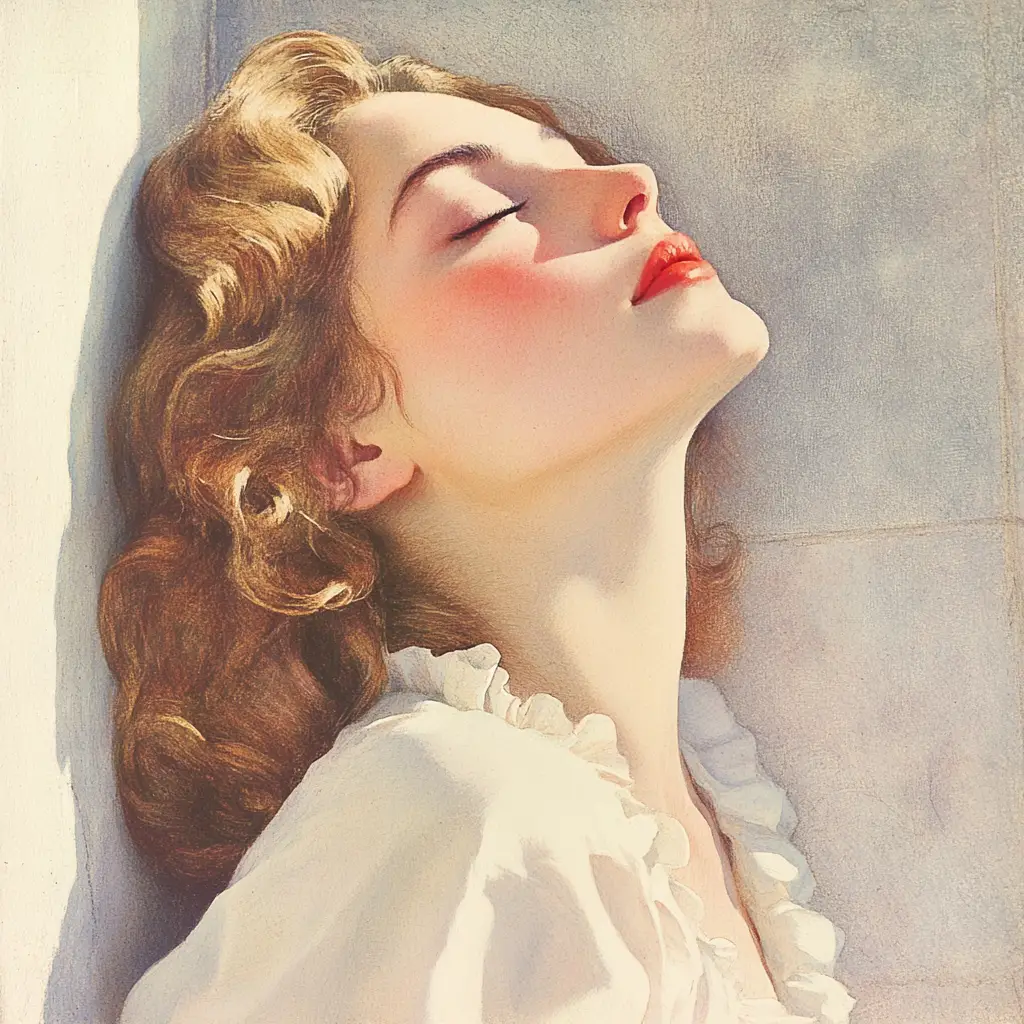 Donna che prende il sole alla finestra in una soffice illustrazione romantica