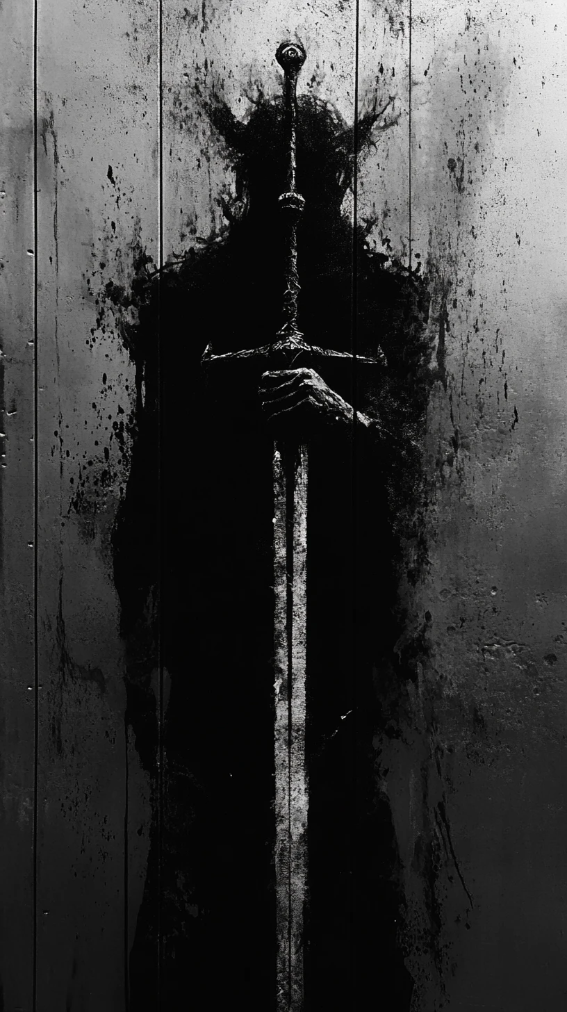 Figura mascarada usando uma espada para arrombar a porta