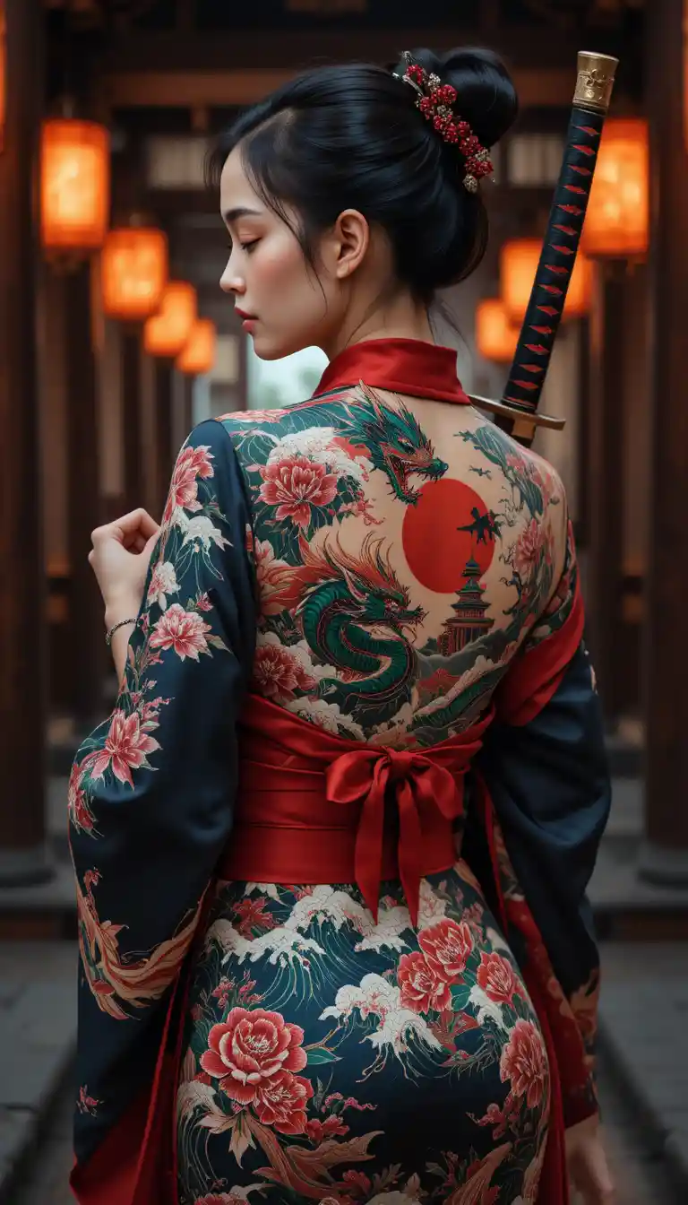 寺院の内部で刀を構える刺青の女戦士