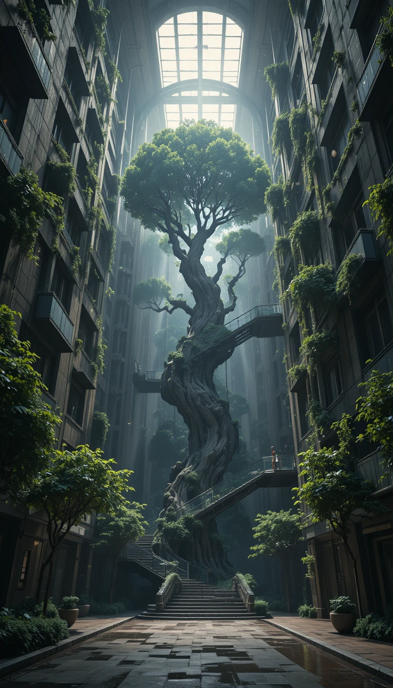Torre cittadina futuristica con albero gigante dopo la pioggia