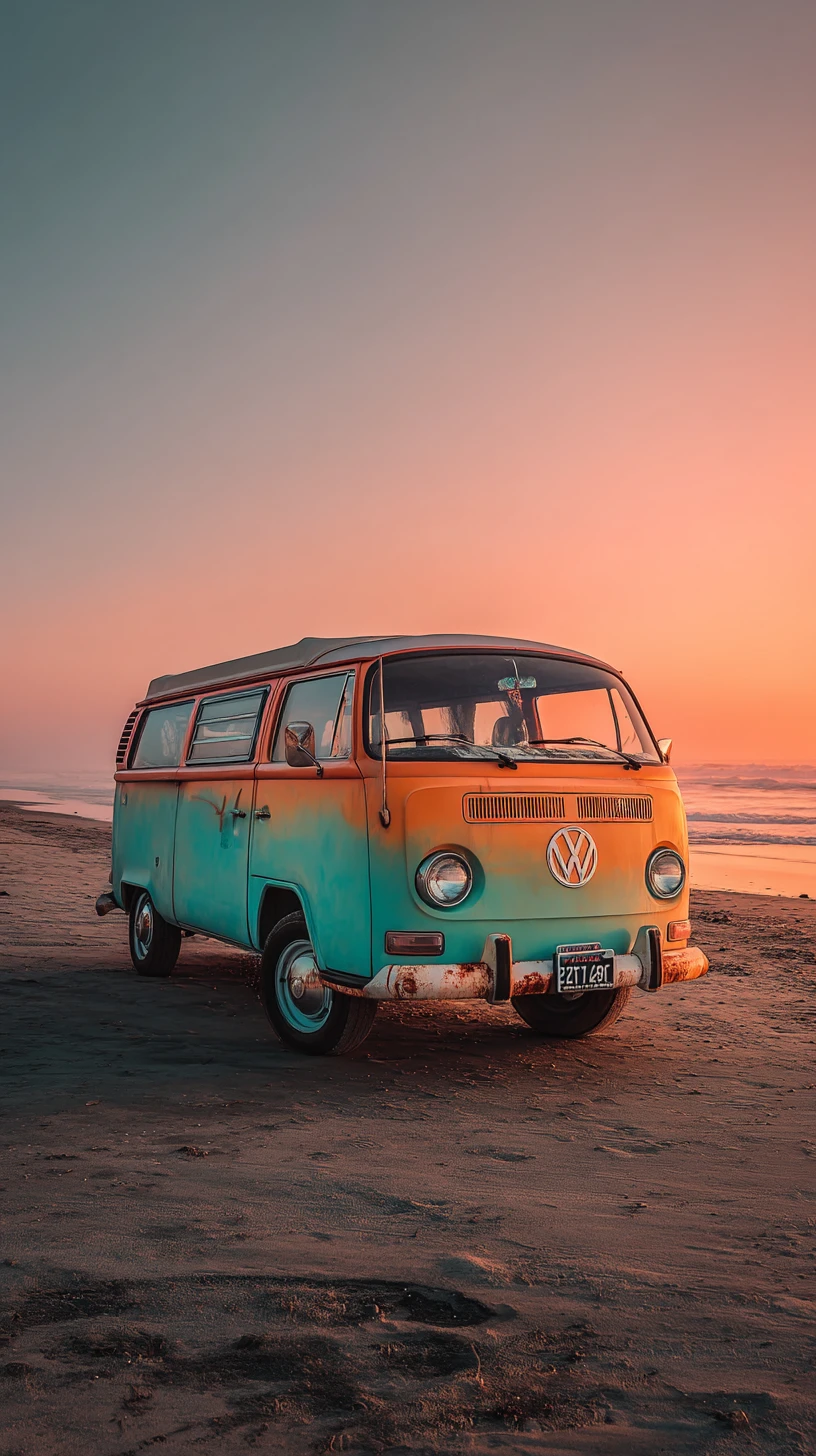 Fourgon coloré garé sur une plage calme au coucher du soleil