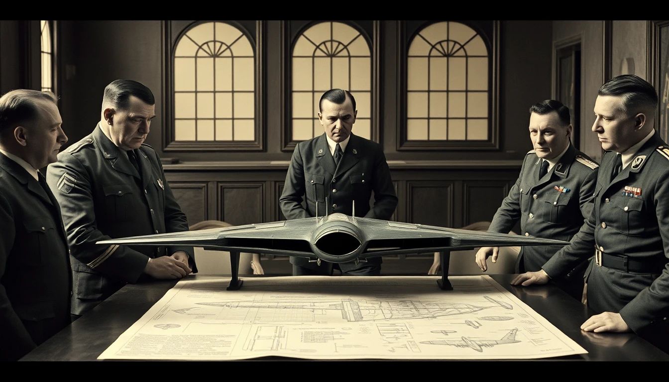 Männer in Militäruniformen studieren einen Flugzeugbauplan