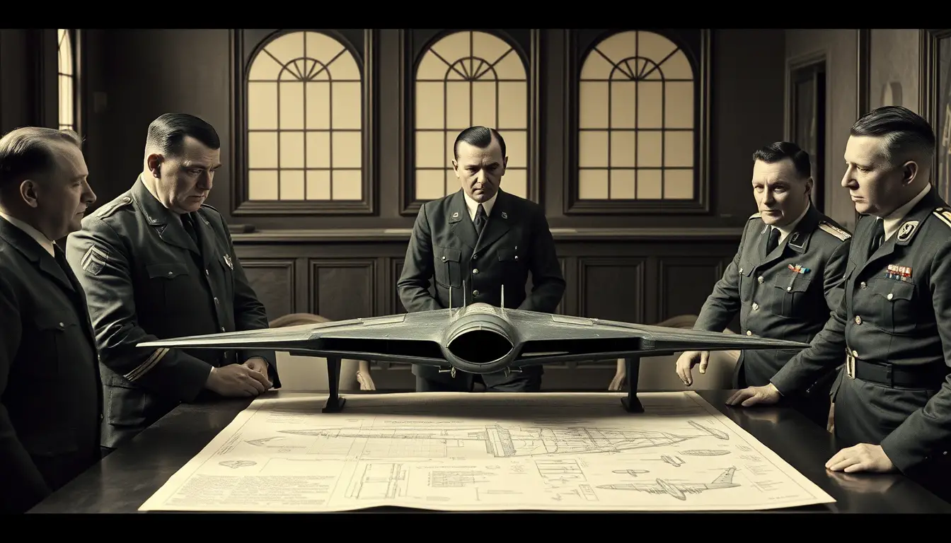 Men In Military Uniforms Studying An Aircraft Blueprint