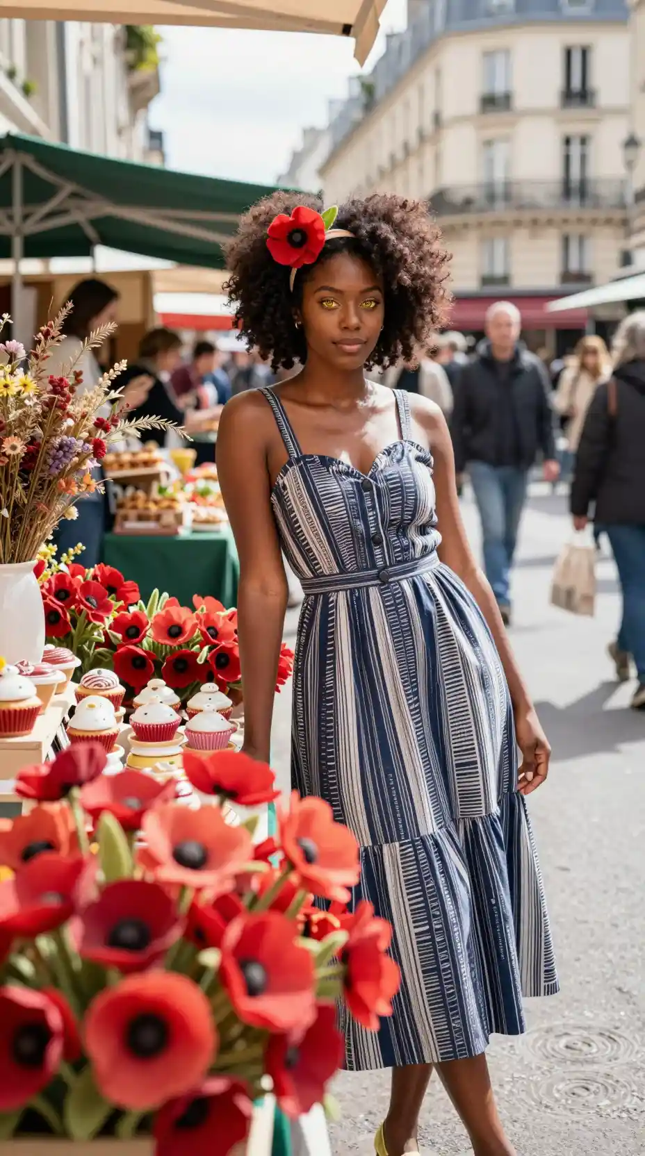 Joven mujer en un puesto de mercado callejero parisino con amapolas rojas
