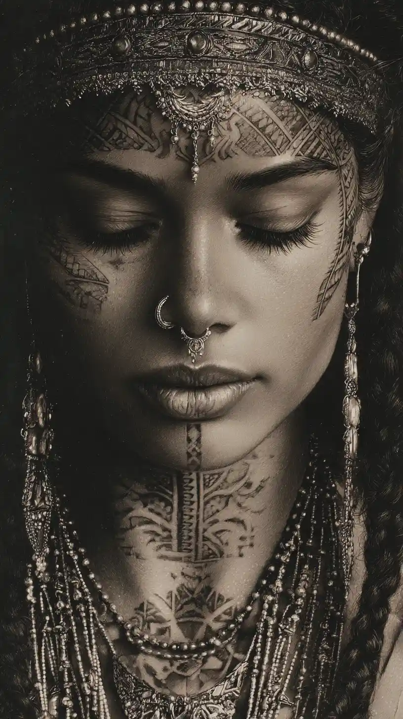 Retrato de mujer en meditación con tatuajes tribales y joyería de luna