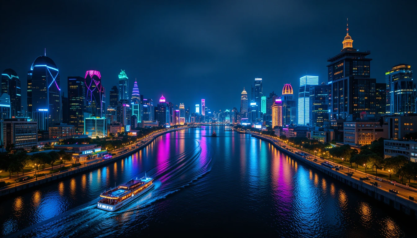 Vivace skyline urbano al neon riflesso su un fiume scuro