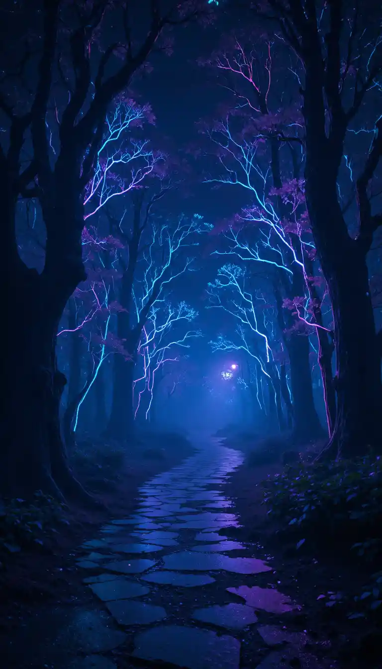 Sentiero mistico nella foresta al neon che brilla dolcemente nella notte