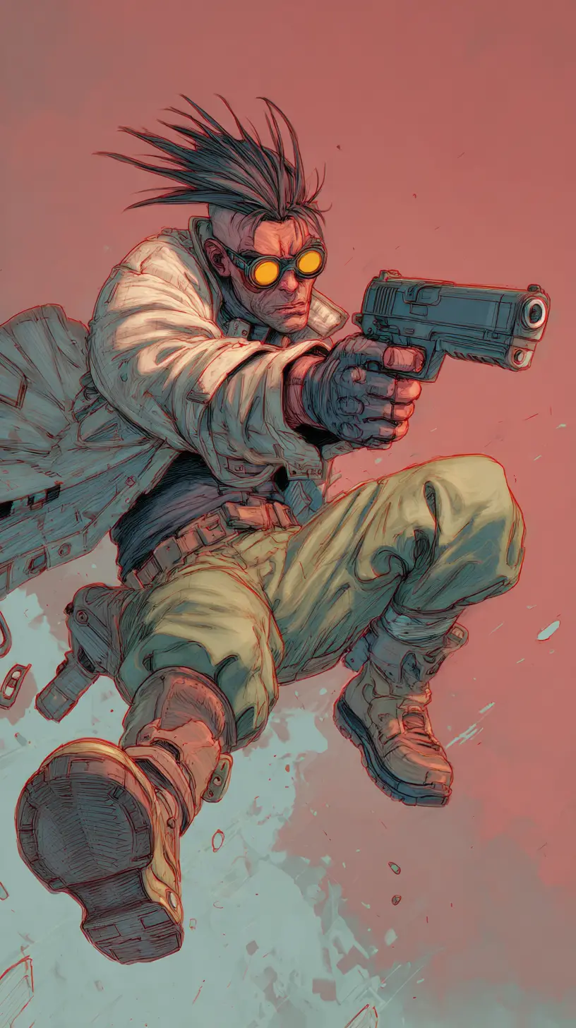 Cyberpunk-Cyborg zielt mit Pistole in dynamischer Bewegung