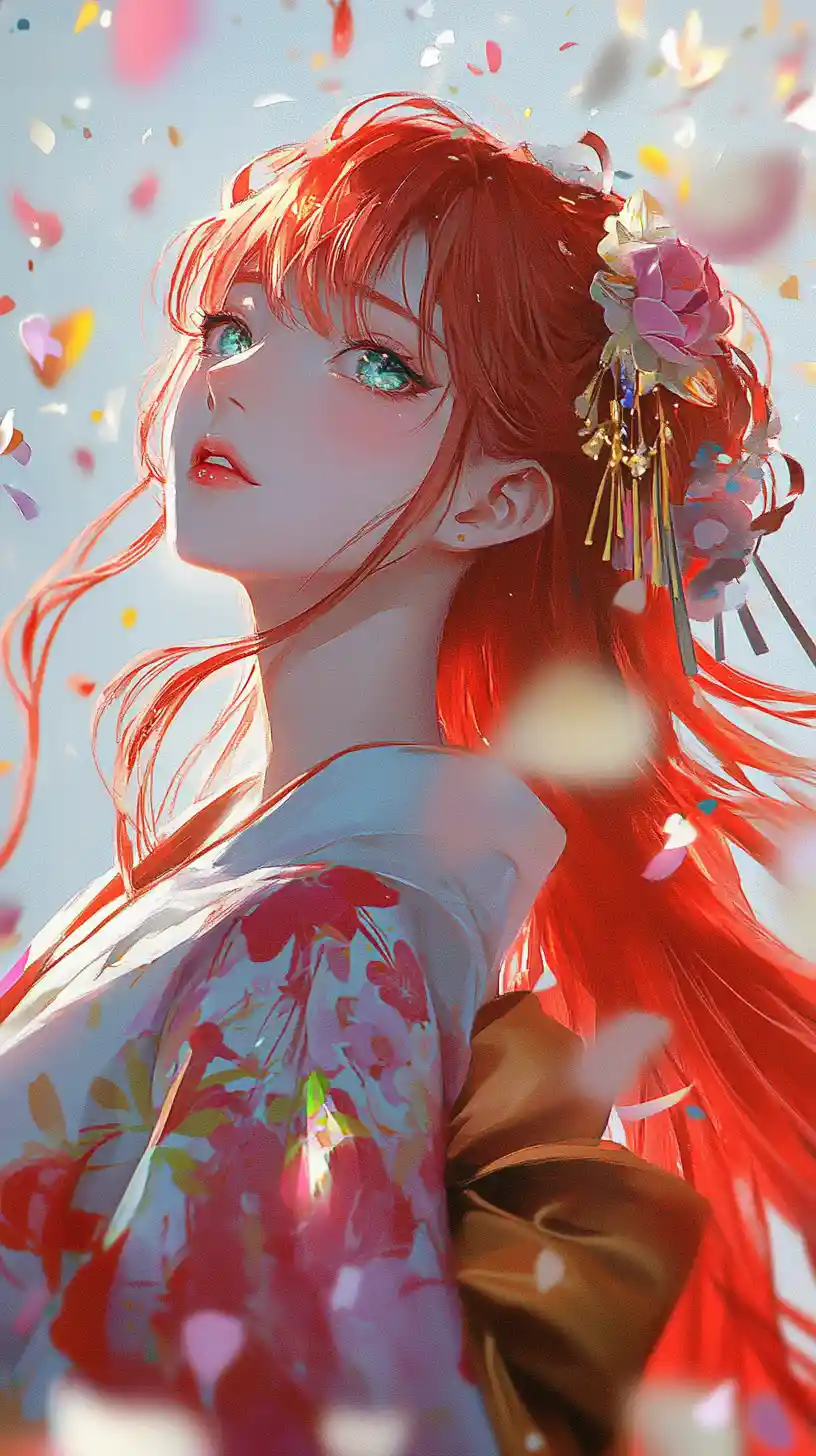 Donna dai capelli rossi in kimono floreale sotto una pioggia di coriandoli