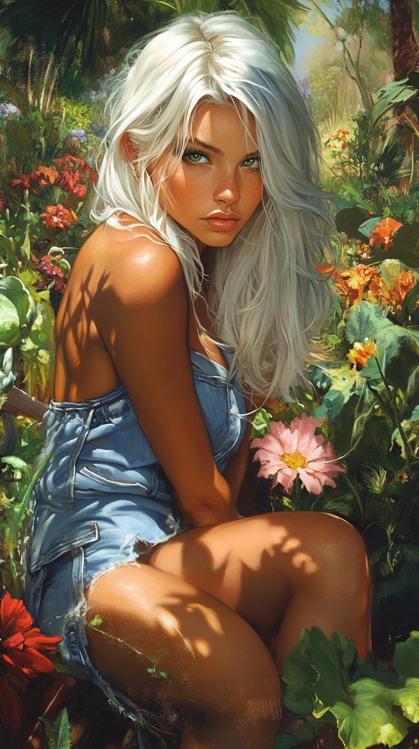 Mulher bronzeada jardinando em um jardim exuberante de estilo fantasia