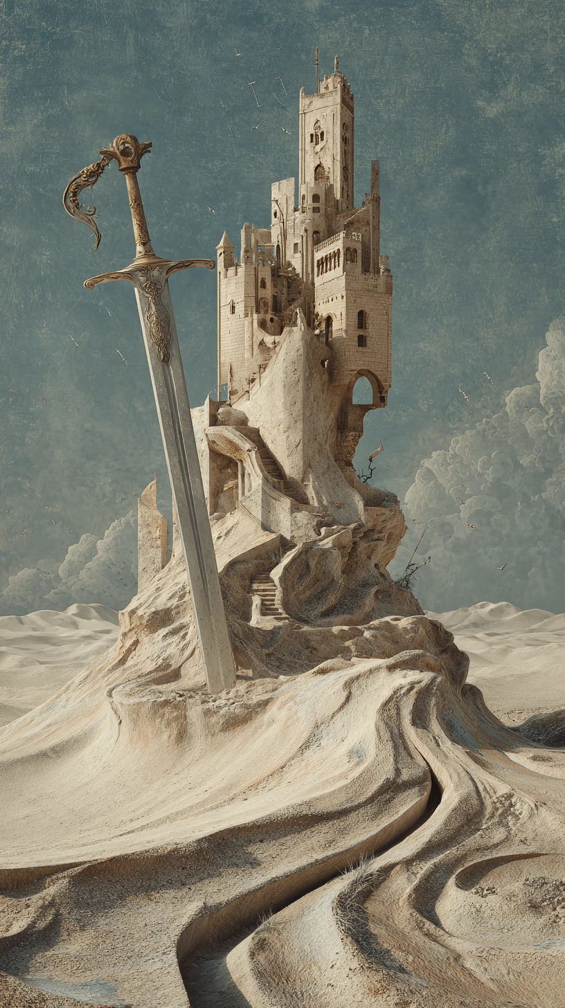 Guerreiro segurando uma espada ao lado de um frágil castelo de areia