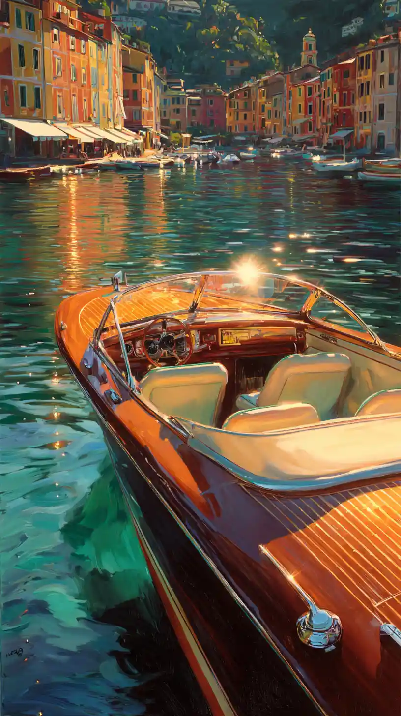 Dipinto digitale all’ora d’oro con motoscafo nel porto di Portofino