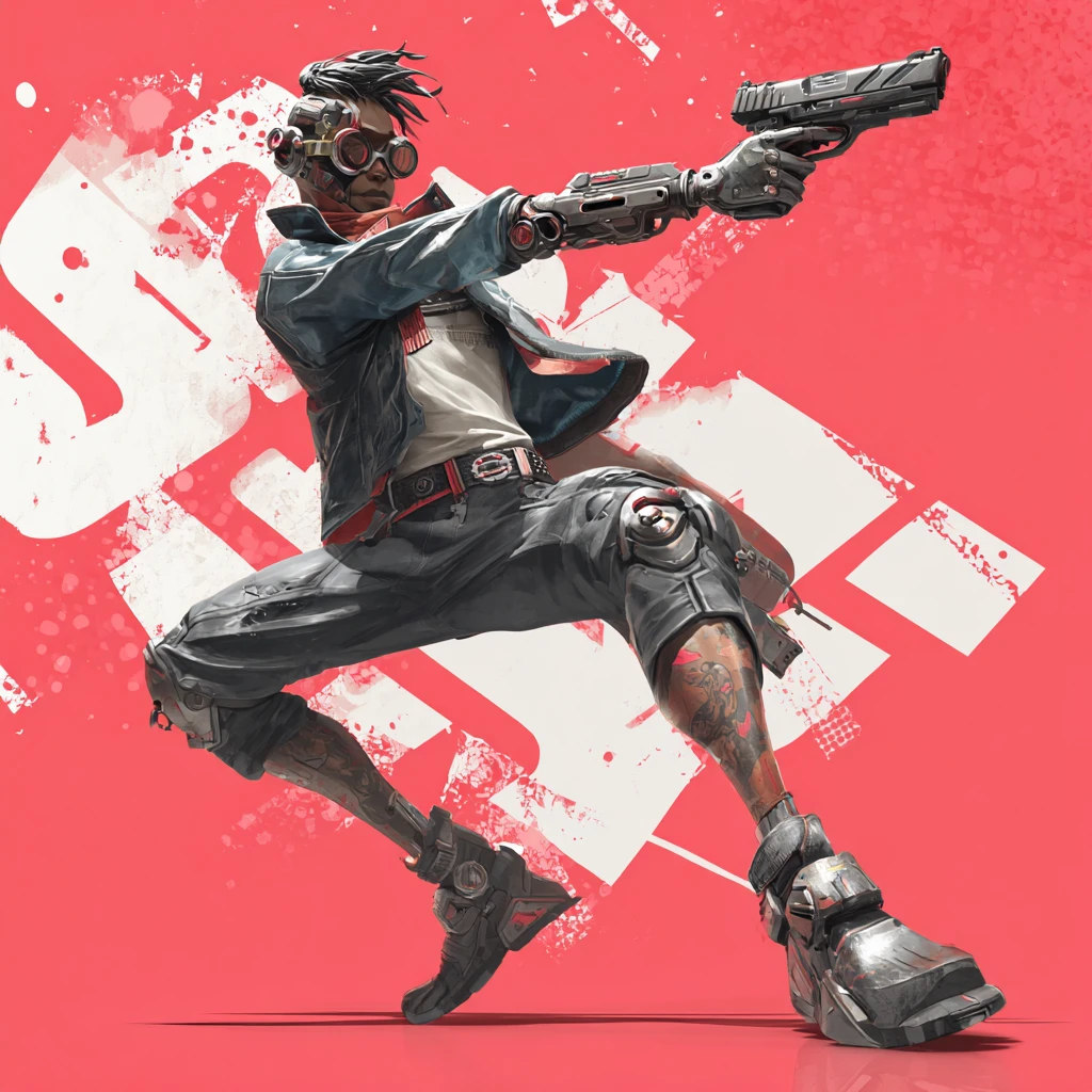 Ciborgue cyberpunk mirando uma pistola em movimento dinâmico