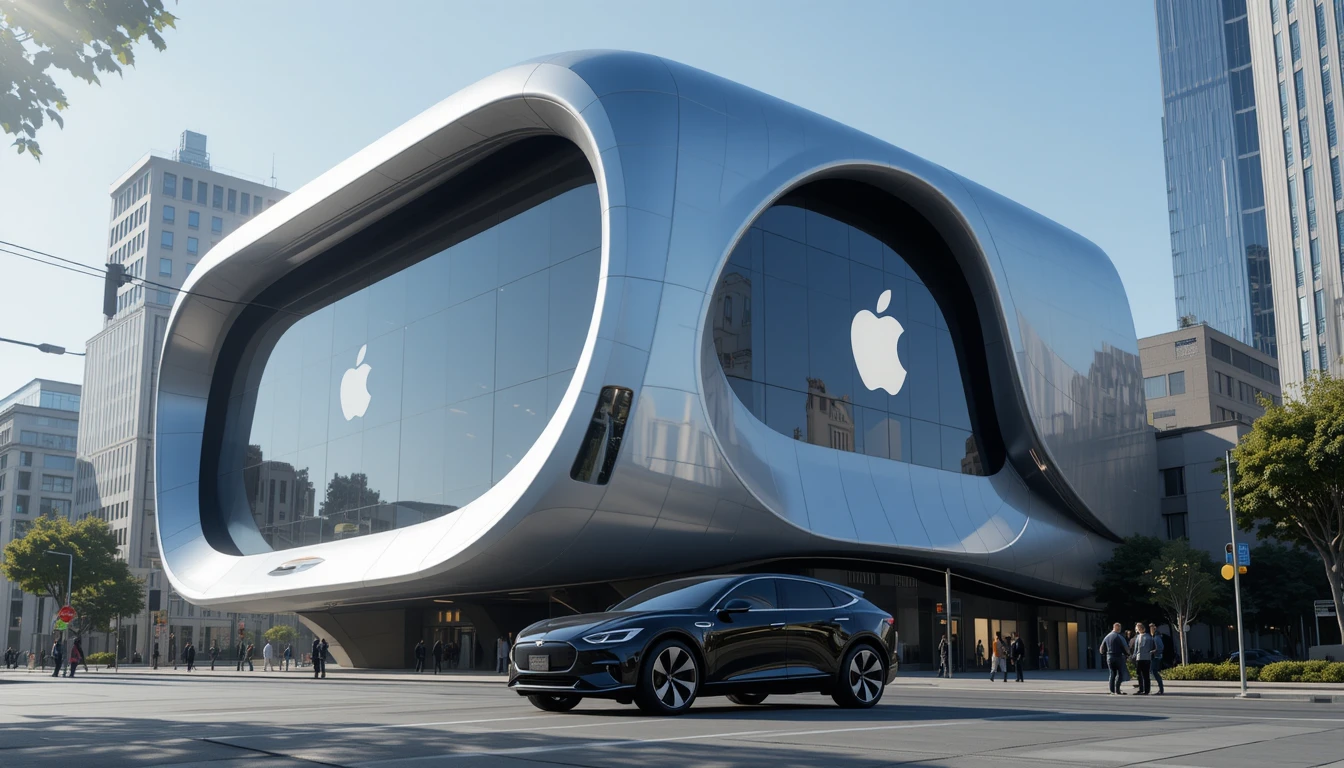 Futuristischer Aluminiumturm mit Elektro-SUV in der Stadtszene