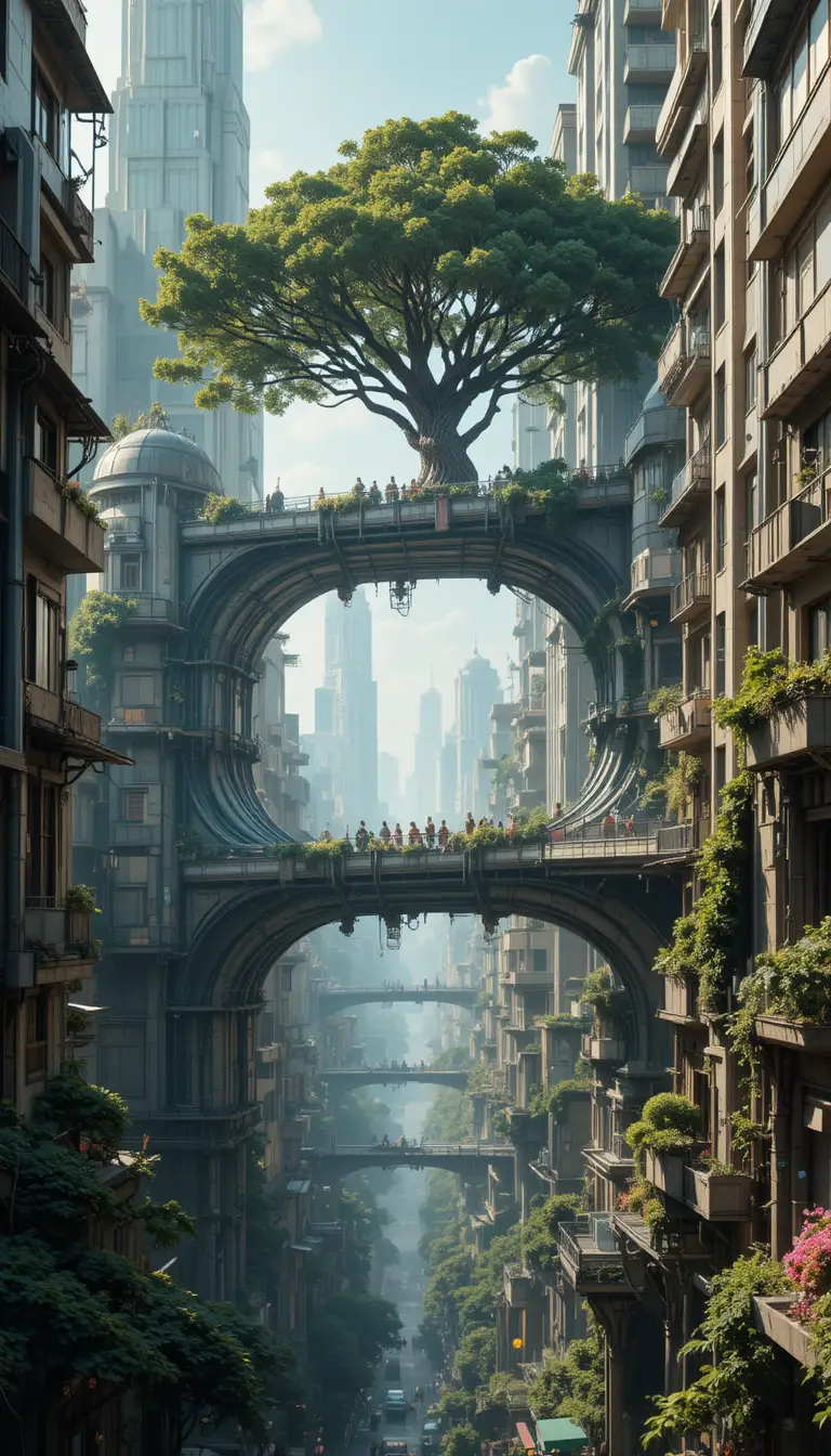 Cidade futurista solarpunk com pontes e arquitetura viva