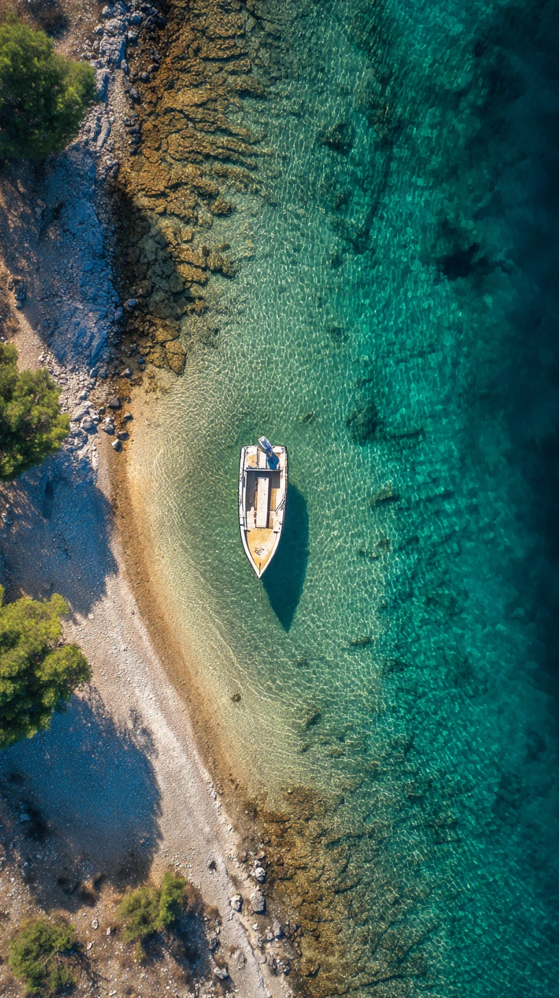 Vista aérea da tranquila linha costeira da Croácia com pequeno barco de pesca