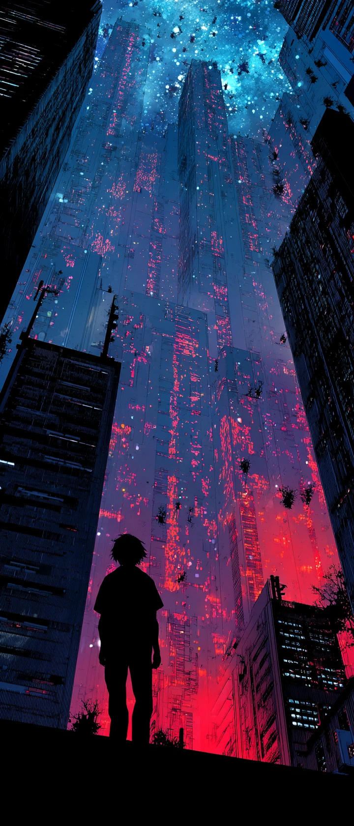 Caçador de anime em telhado chuvoso revelando cidade neon secreta