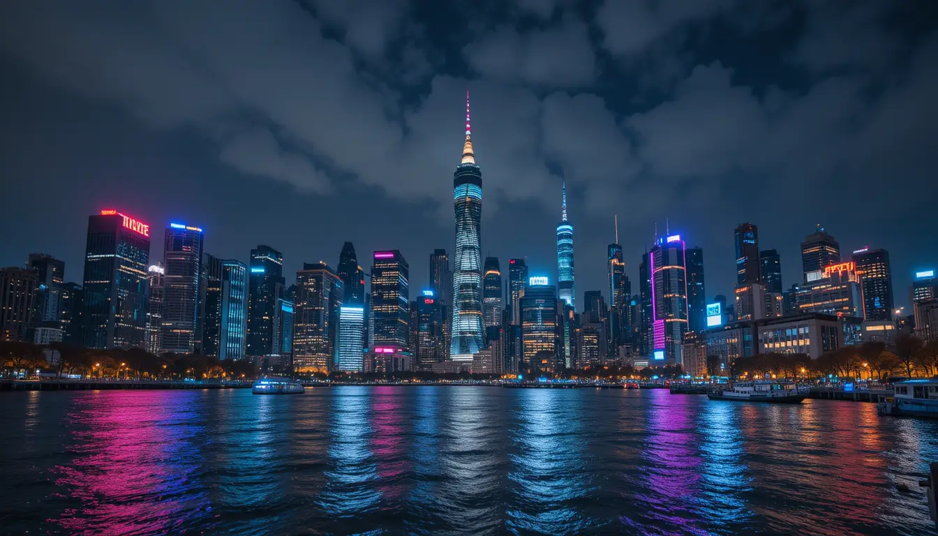 Skyline nocturne vibrante au-dessus d’une ville en bord de rivière