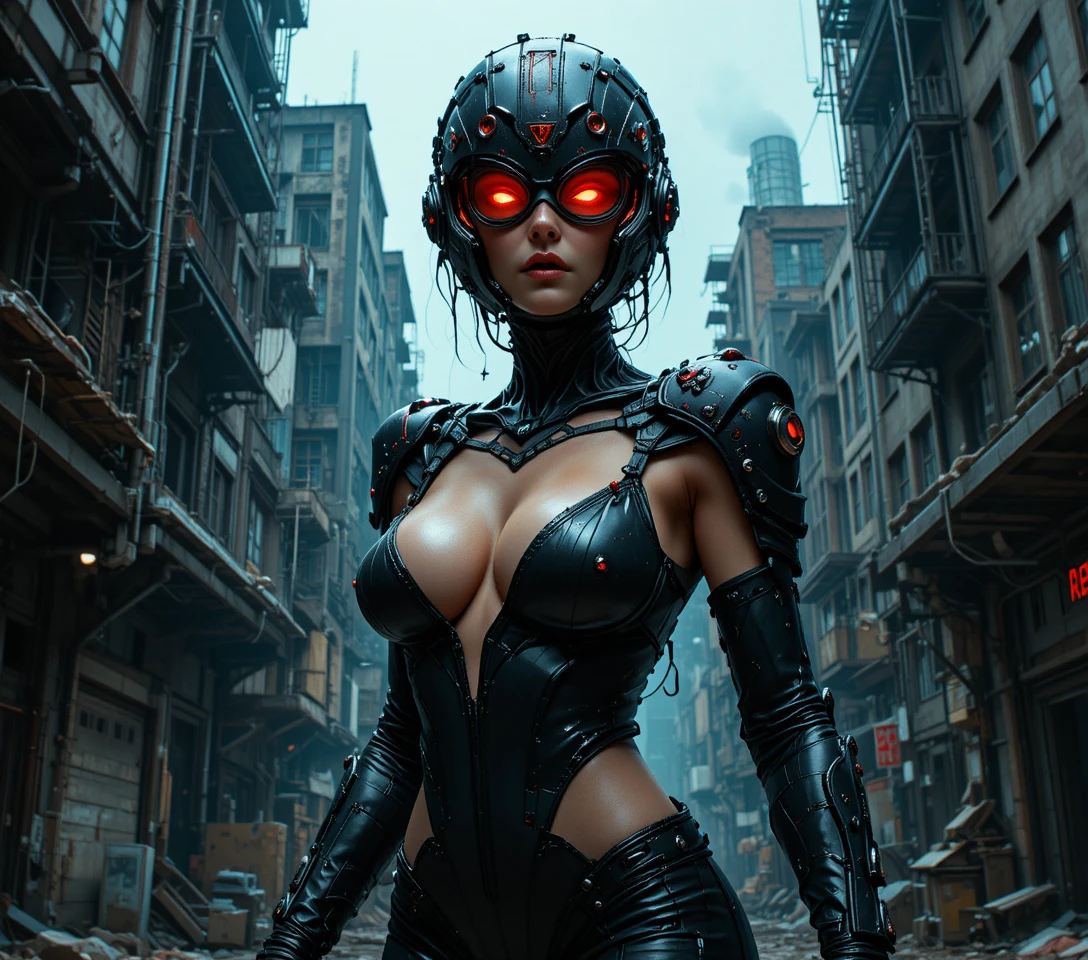 Cyberpunk warrior woman with skeletal helmet in dark city