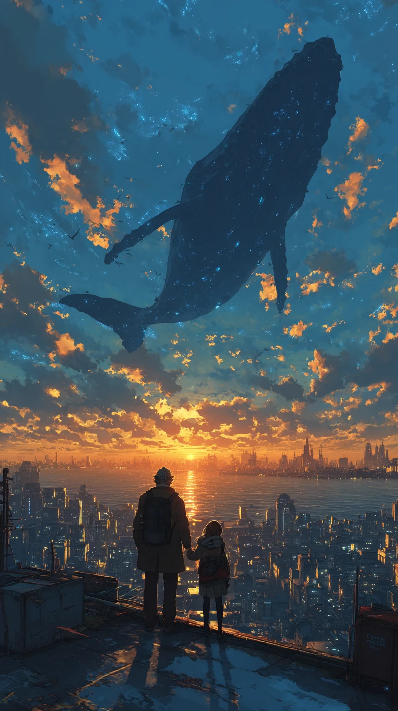 Pareja Tomada de la Mano en una Azotea de la Ciudad al Atardecer