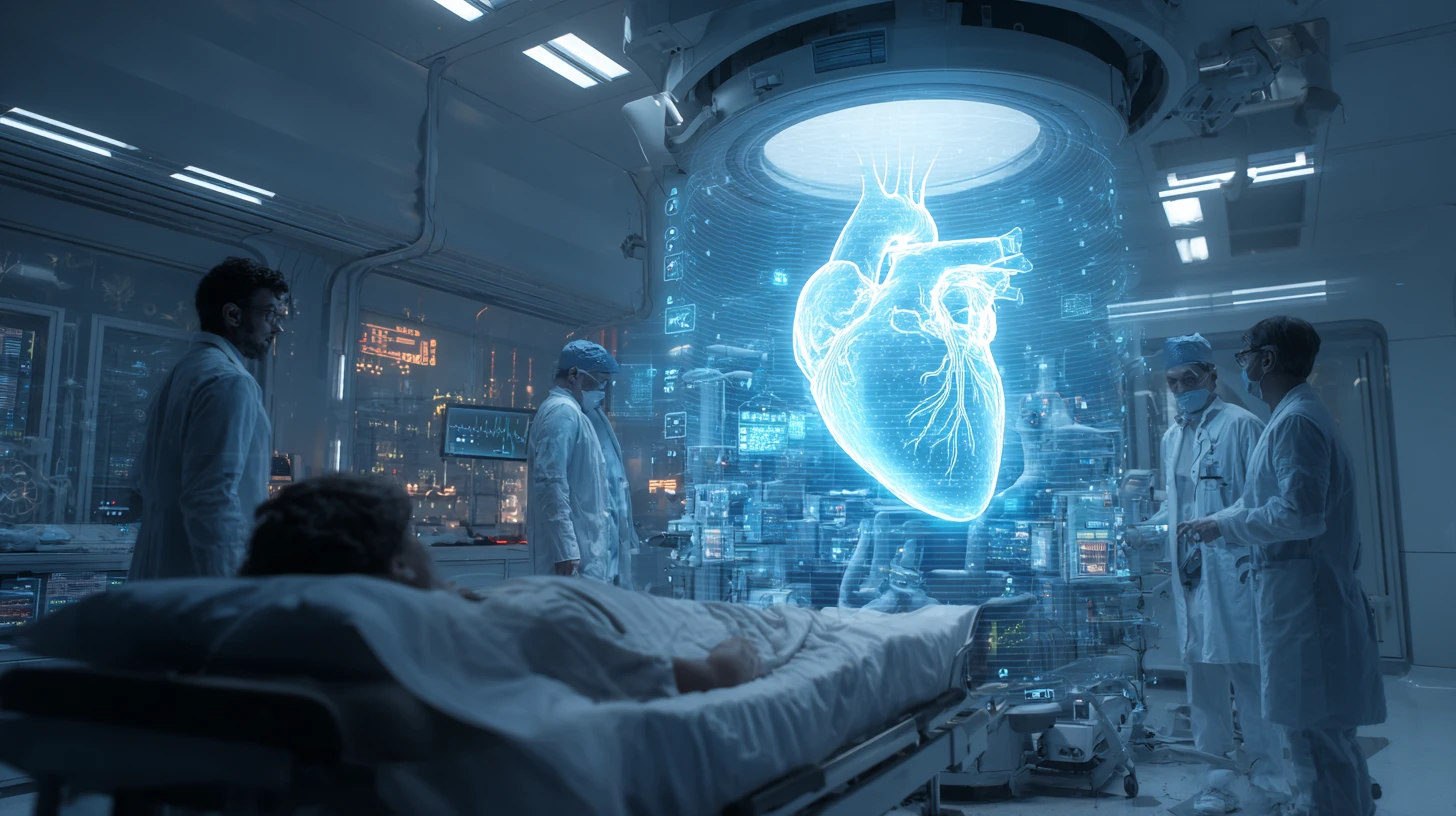 Quarto de hospital futurista com holograma do coração do paciente