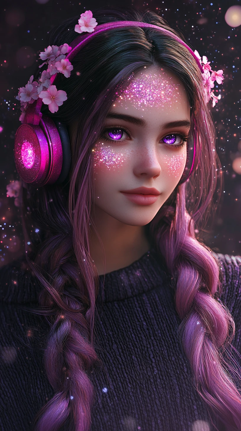 Anime girl with cosmic braids and magenta headphones