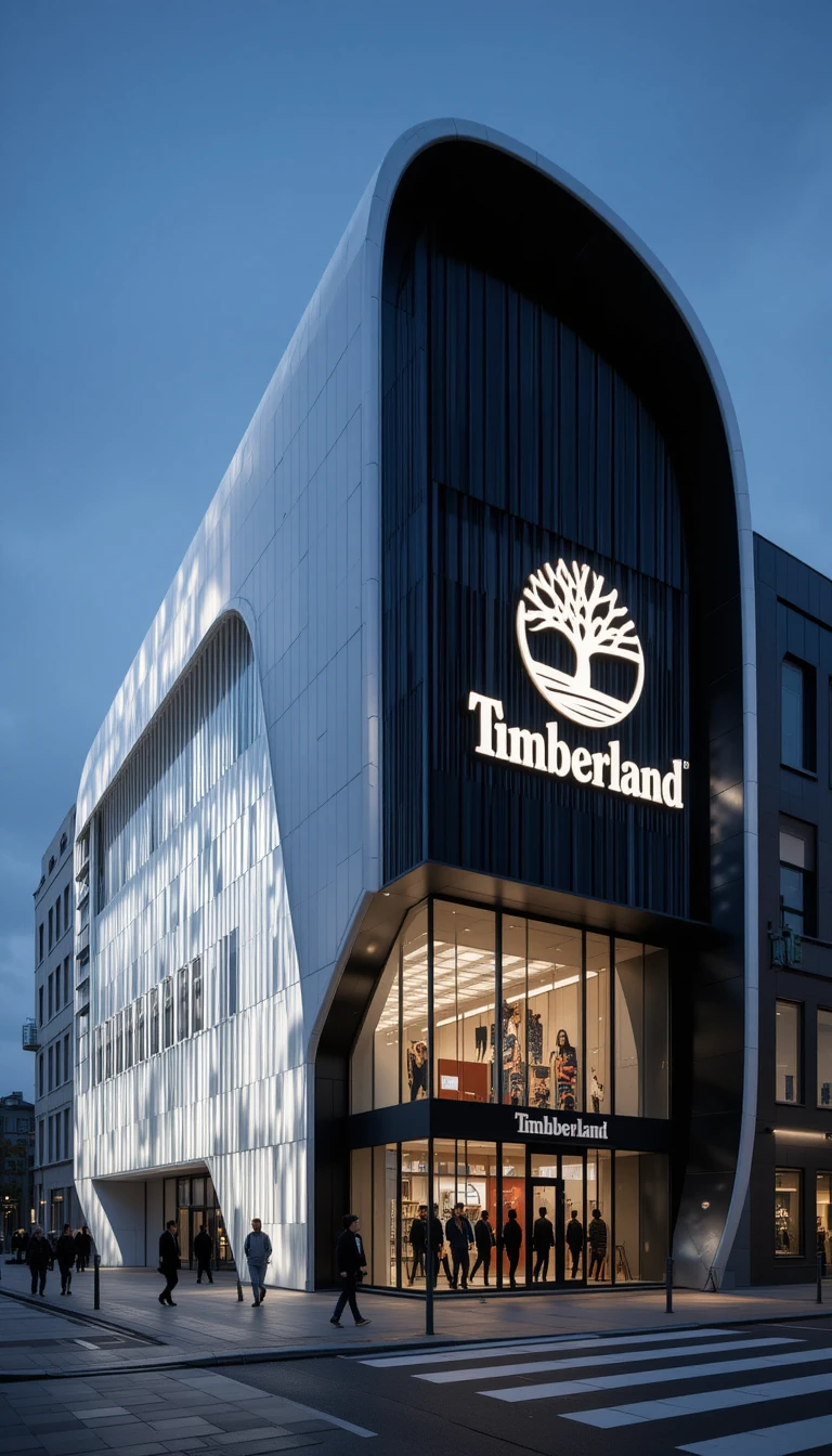 Prédio futurista da loja principal da Timberland com fachada elegante e iluminada