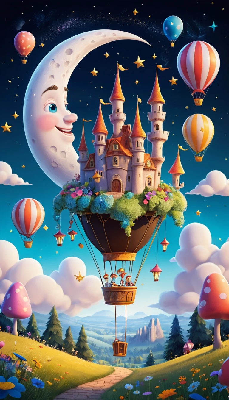 Lune Souriante Au-Dessus d’un Château Magique de Fantaisie et Haut en Couleurs