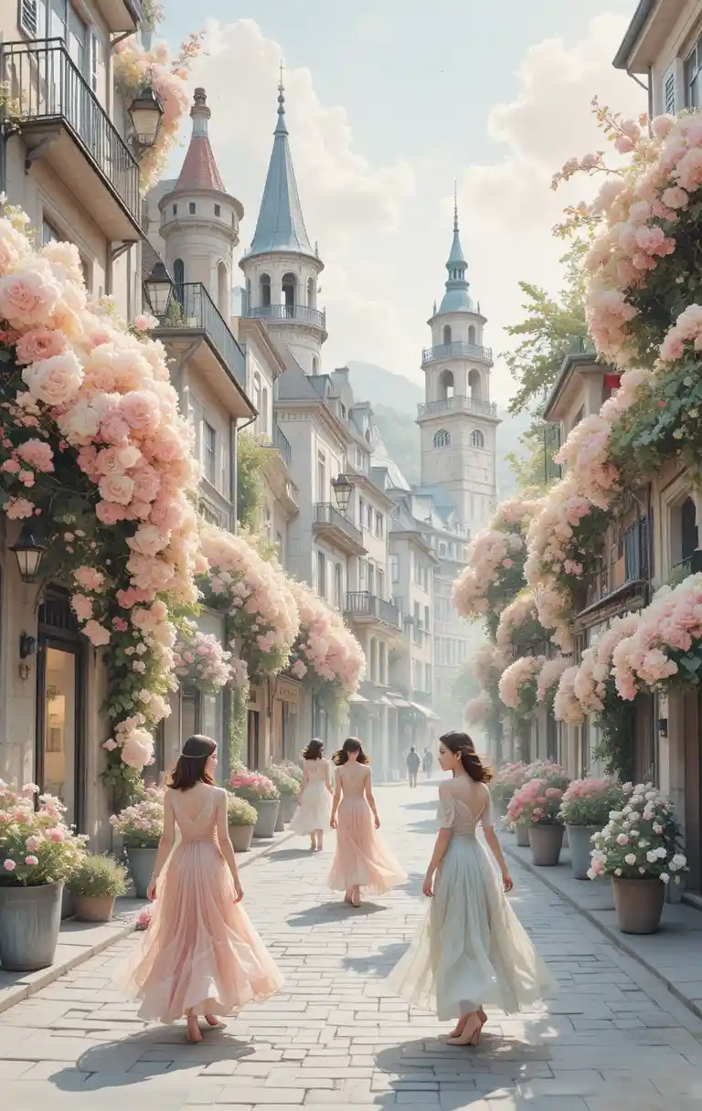Elegant women walking through a floral watercolor cityscape