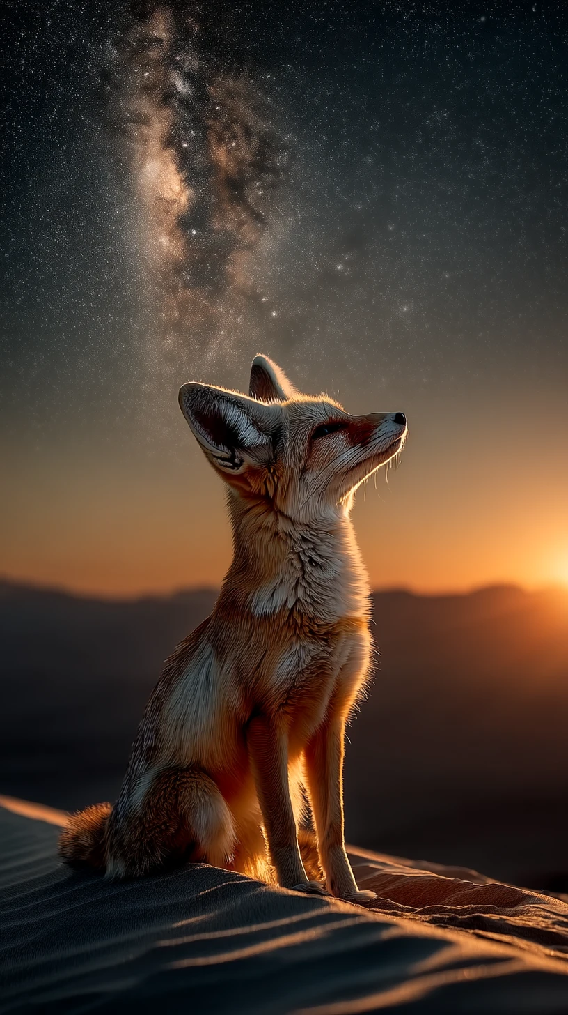 Fennekfuchs sitzt auf einem mondbeschienenen Dünenkamm