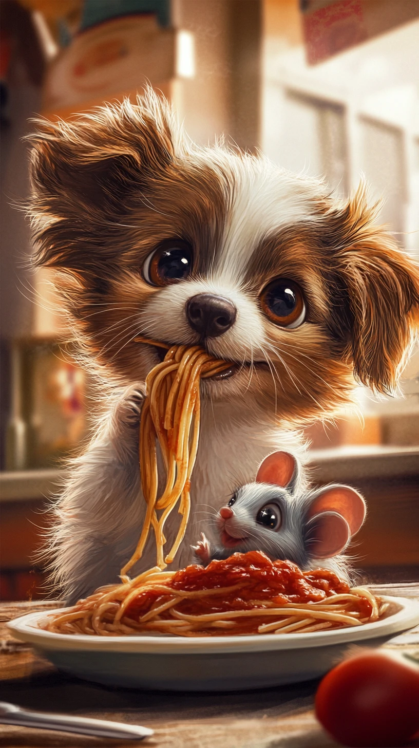 Filhote fofo e ratinho compartilhando espaguete em uma cozinha mágica