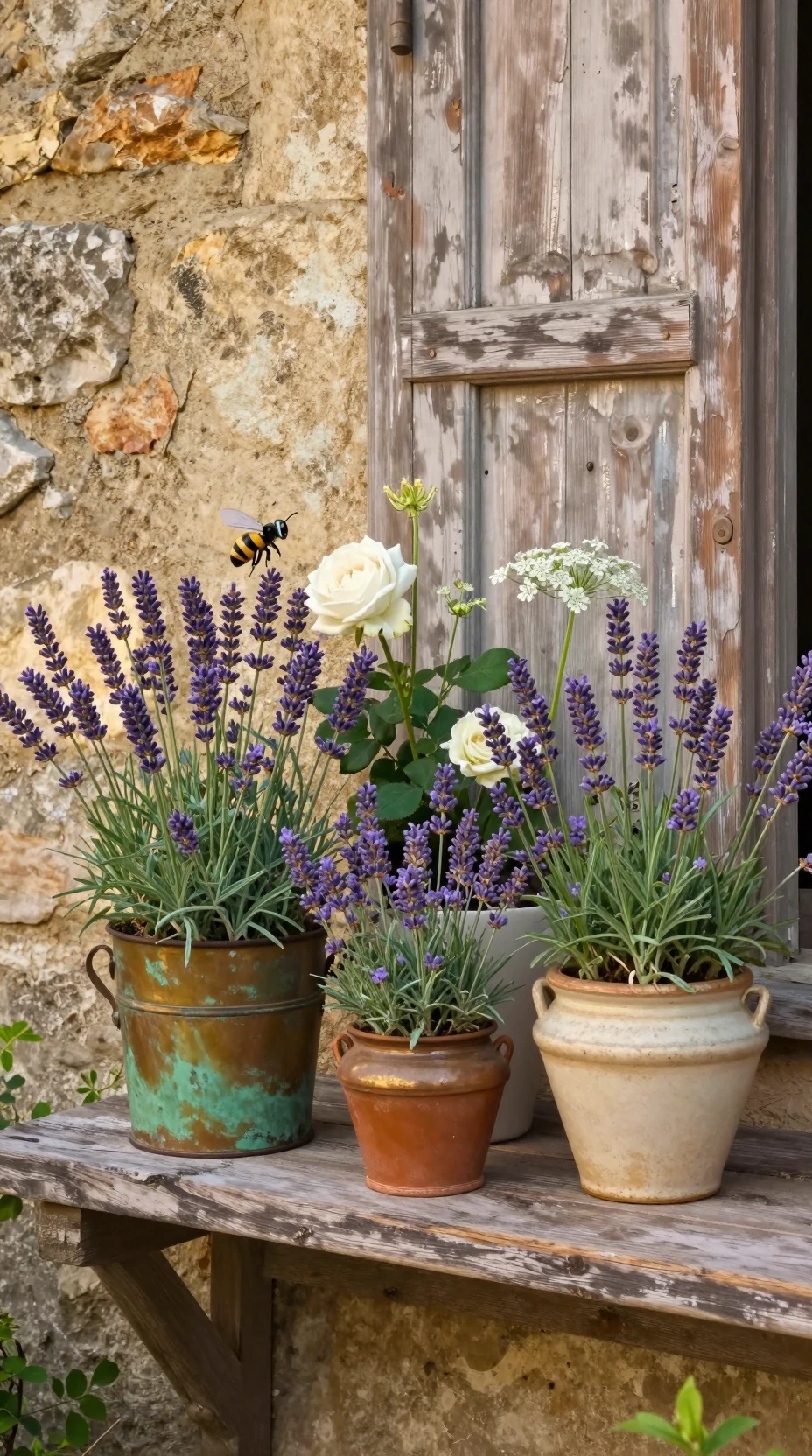 Pots de fleurs romantiques sur rebord en bois devant mur de pierre