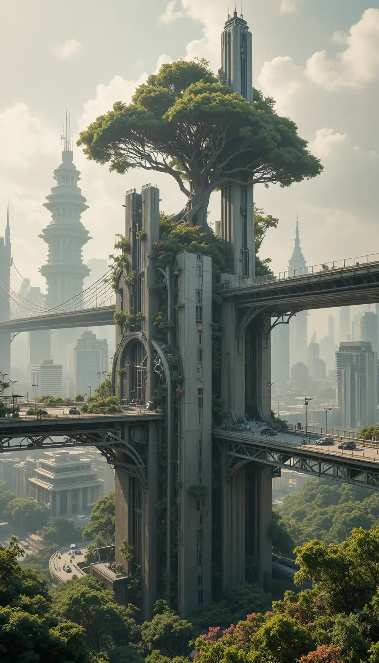 Cidade solarpunk futurista com pontes e arquitetura viva