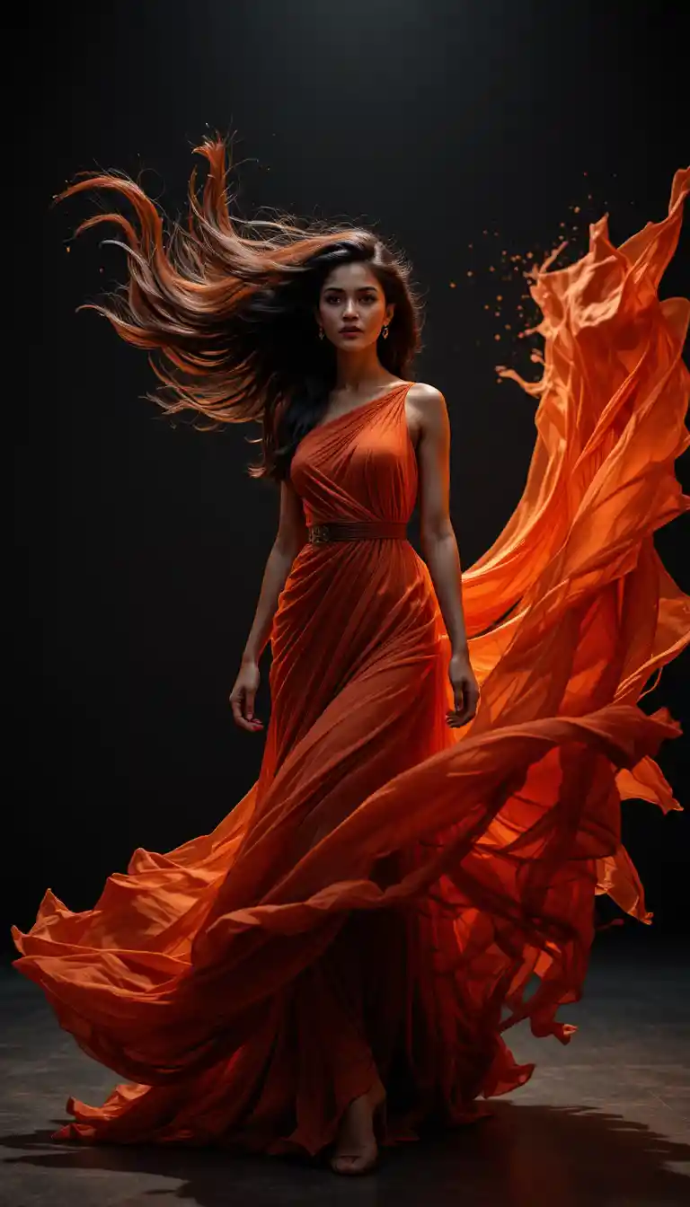 Trotzige indische Model in fließendem karmesinrotem Chiffonkleid