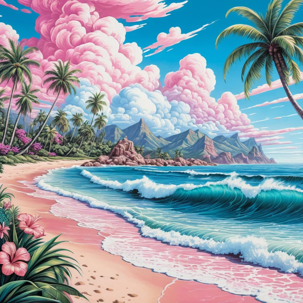 Ilustração de Ondas Tropicais do Oceano e Palmeiras no Verão
