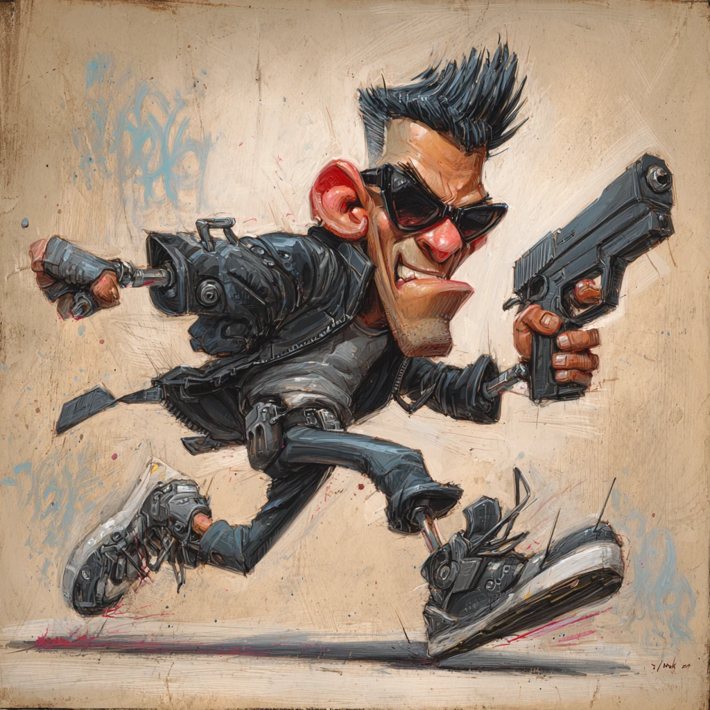 Ciborgue cyberpunk mirando uma pistola em pose dinâmica de corpo inteiro