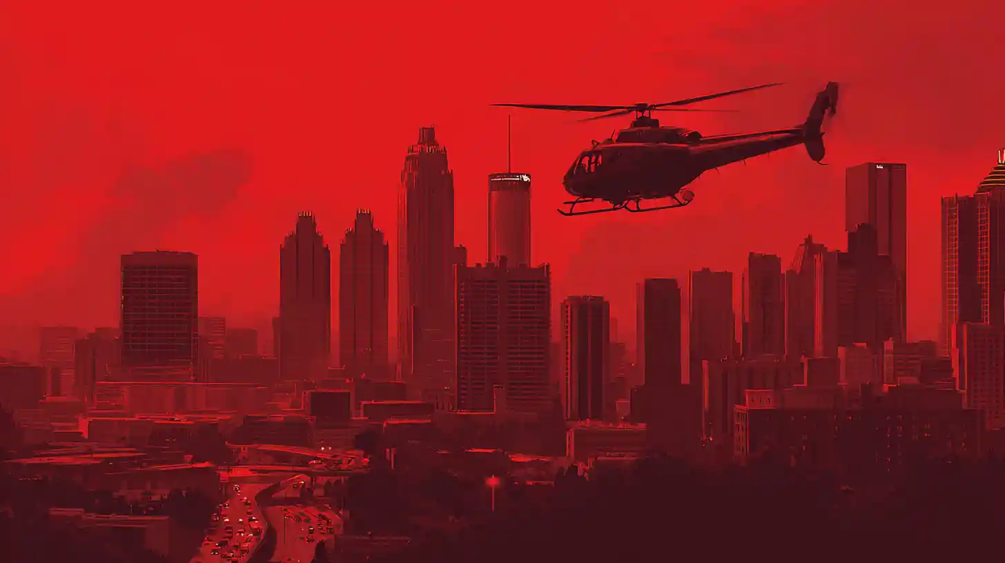 Police cars and helicopter over atlanta city skyline