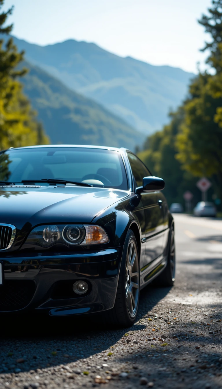 BMW preto em estrada de montanha sinuosa sob céu azul