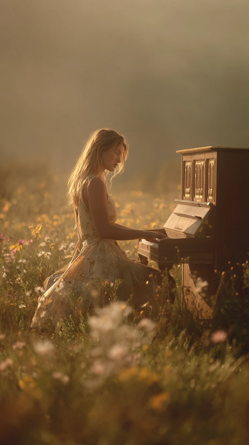 Donna che suona il pianoforte in un campo di fiori selvatici all'alba