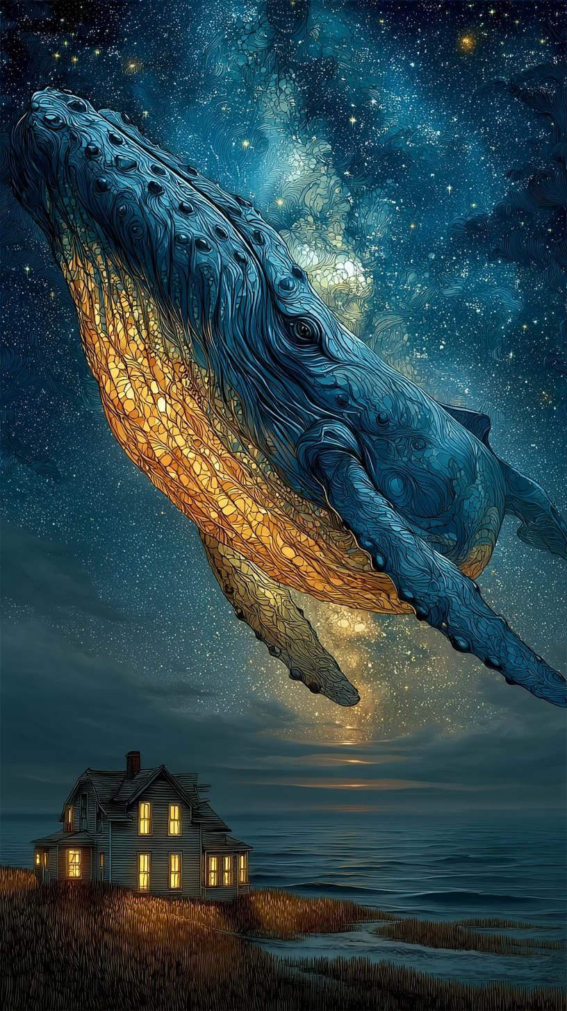 Colossal baleia-azul flutuando em um céu noturno luminoso