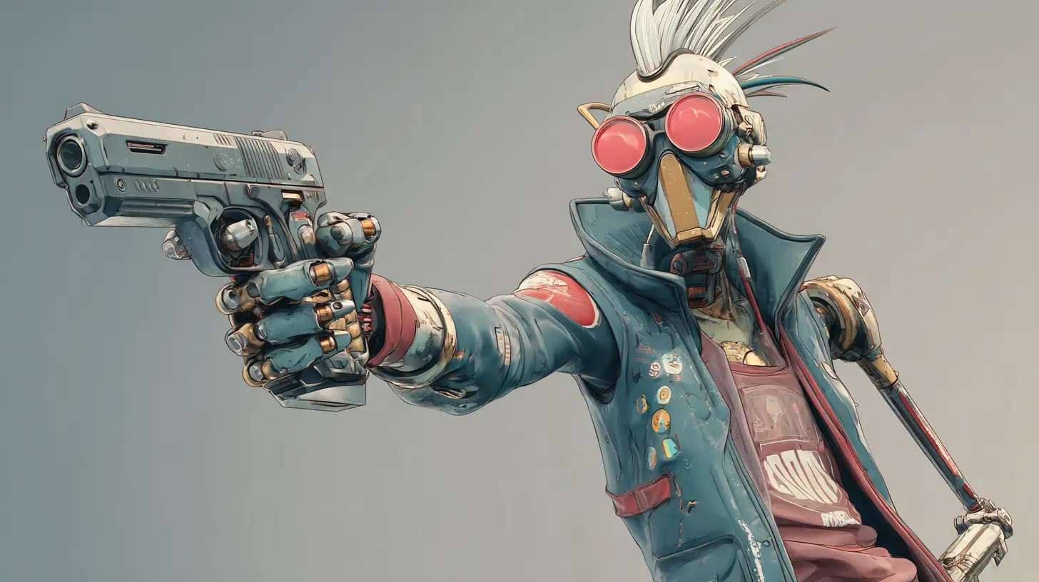 Cyberpunk-Cyborg zielt mit Pistole in dynamischer 2D-Action