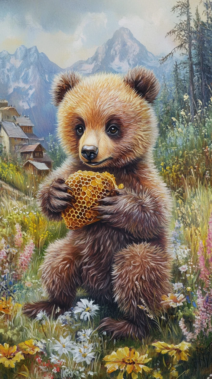Urso marrom sorridente segurando um favo de mel em um prado ensolarado
