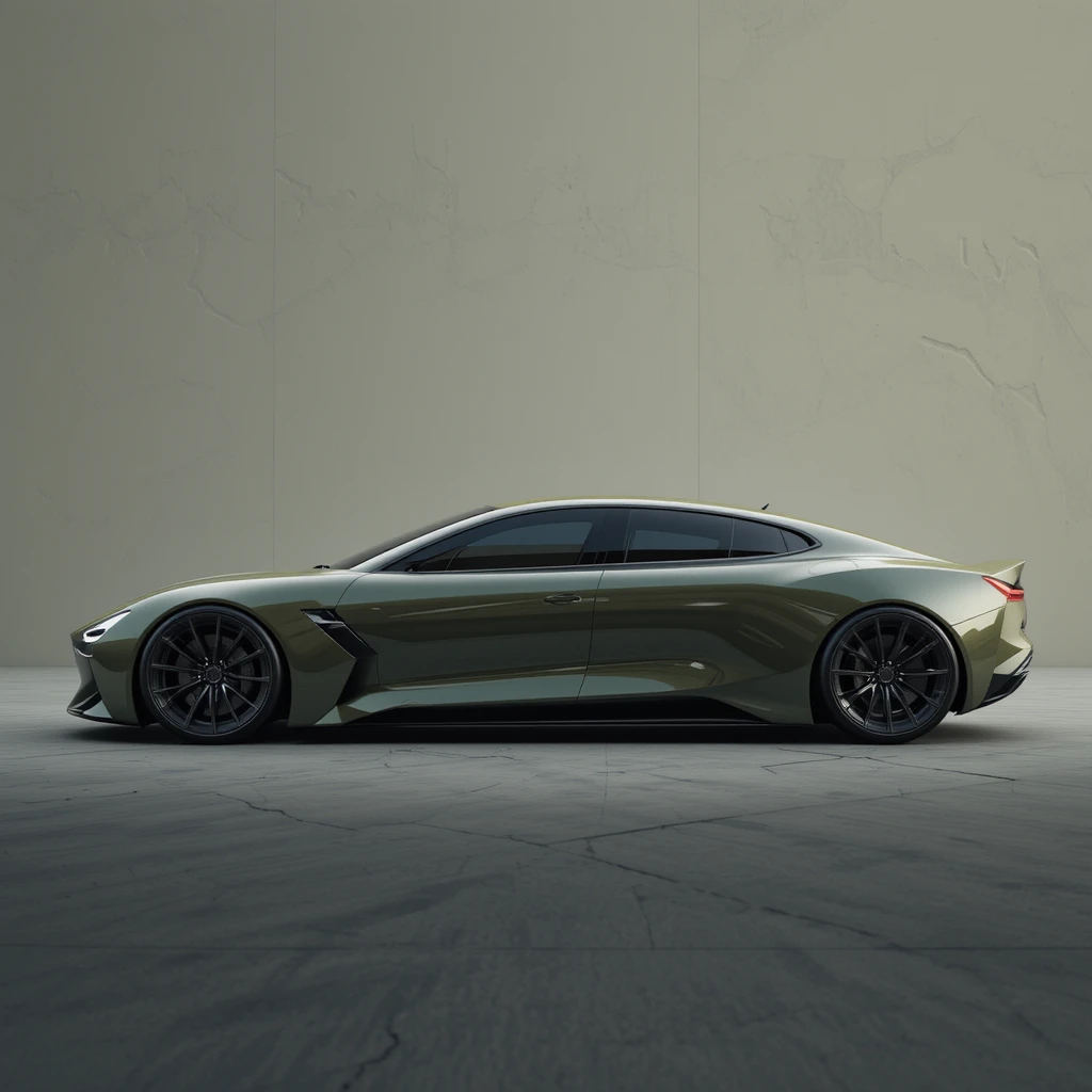 Sedã futurista com design em concreto e perfil aerodinâmico elegante