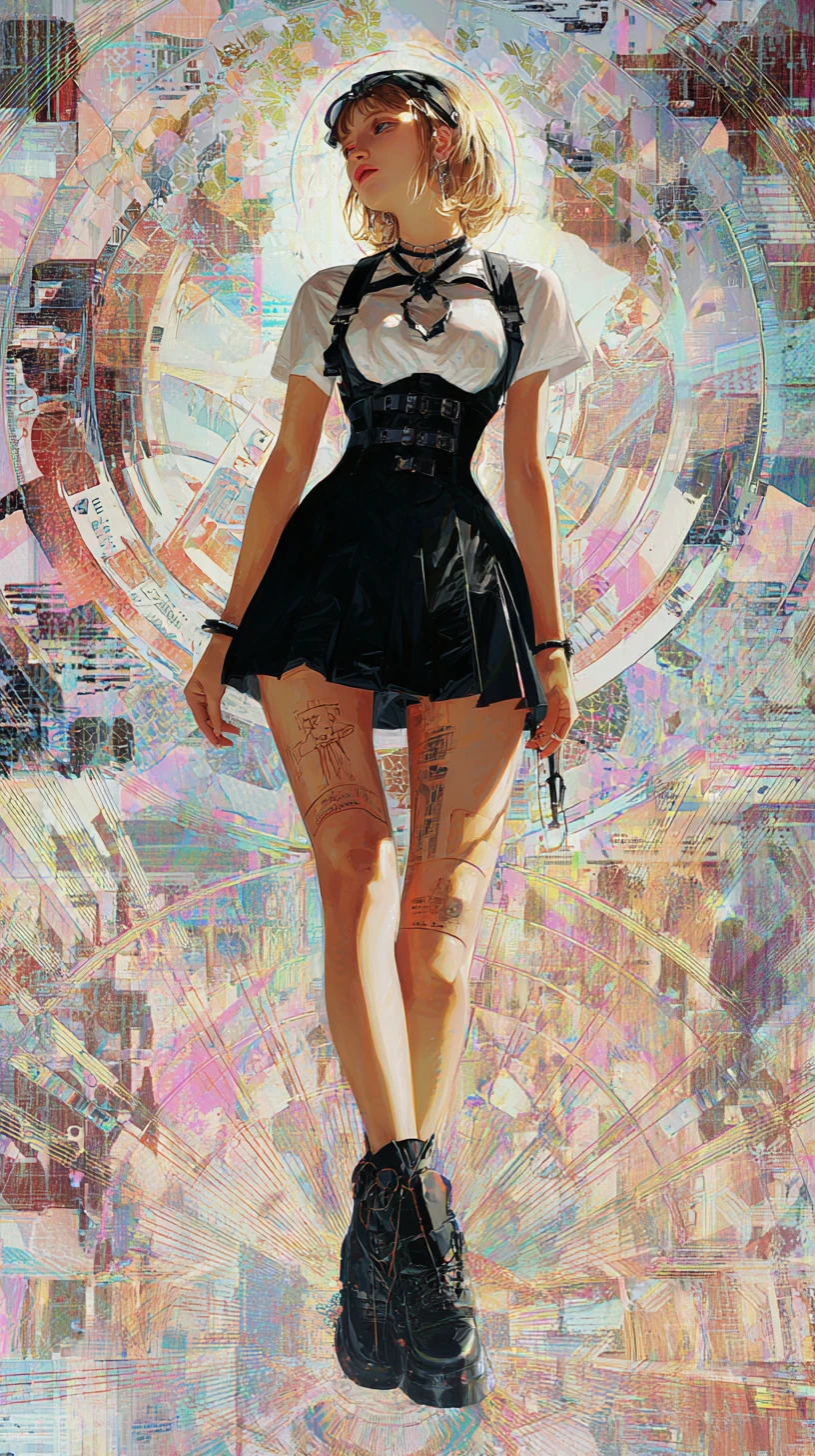 Futuristic woman in neon surreal vortex of light