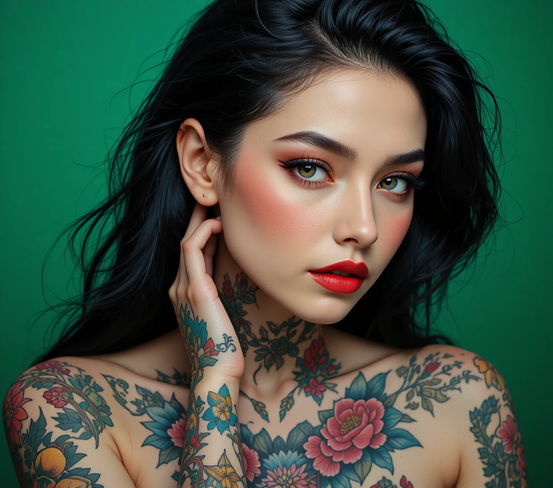 Ritratto di donna tatuata con lunghi capelli scuri in luce soffusa