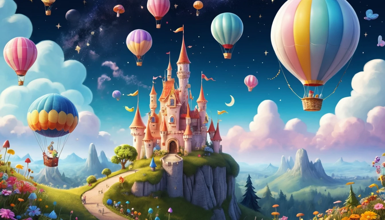 Lua Sorridente Sobre um Colorido Castelo de Fantasia Encantado