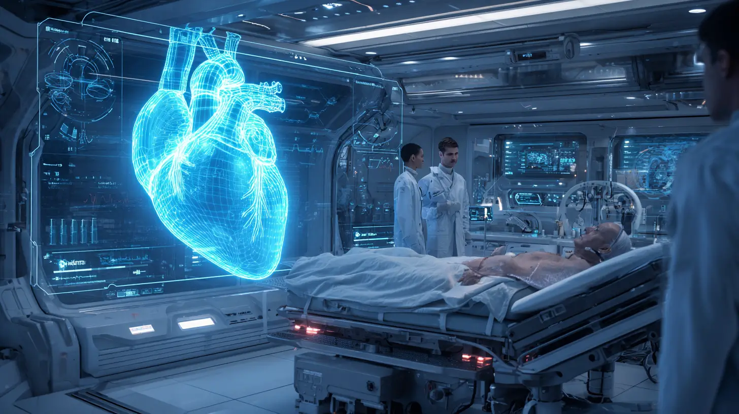 Futuristisches Krankenzimmer mit leuchtendem Herz-Hologramm und Ärzten