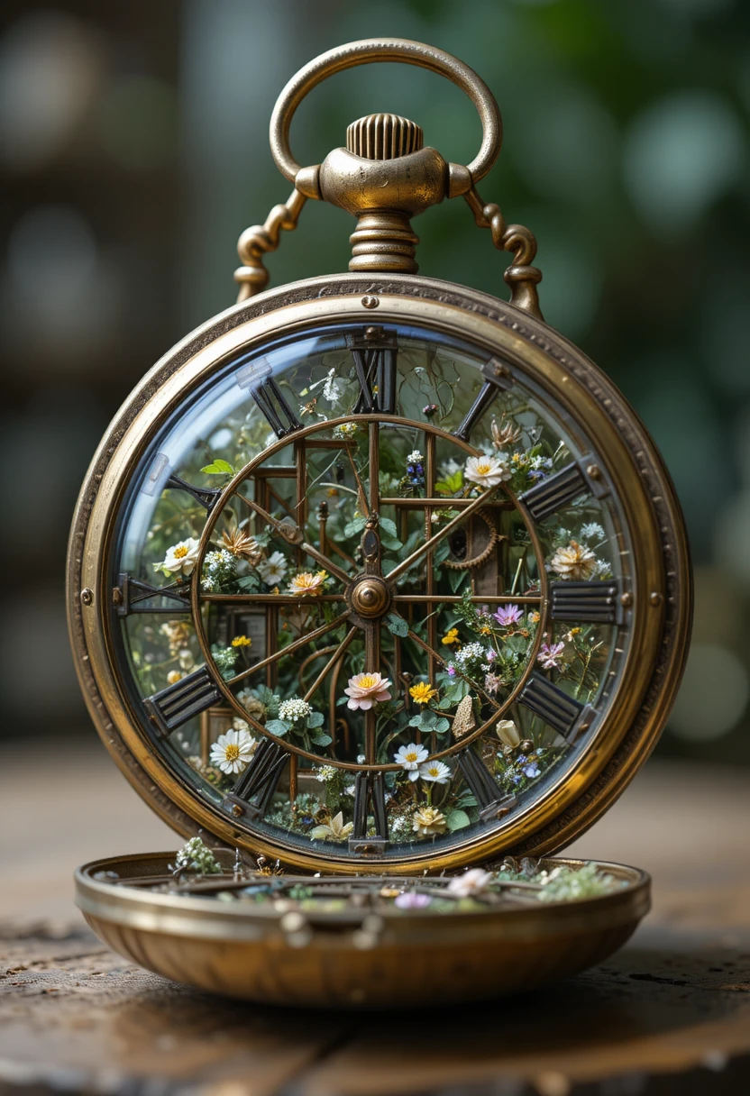 Vintage pocket watch opening into a tiny glass greenhouse