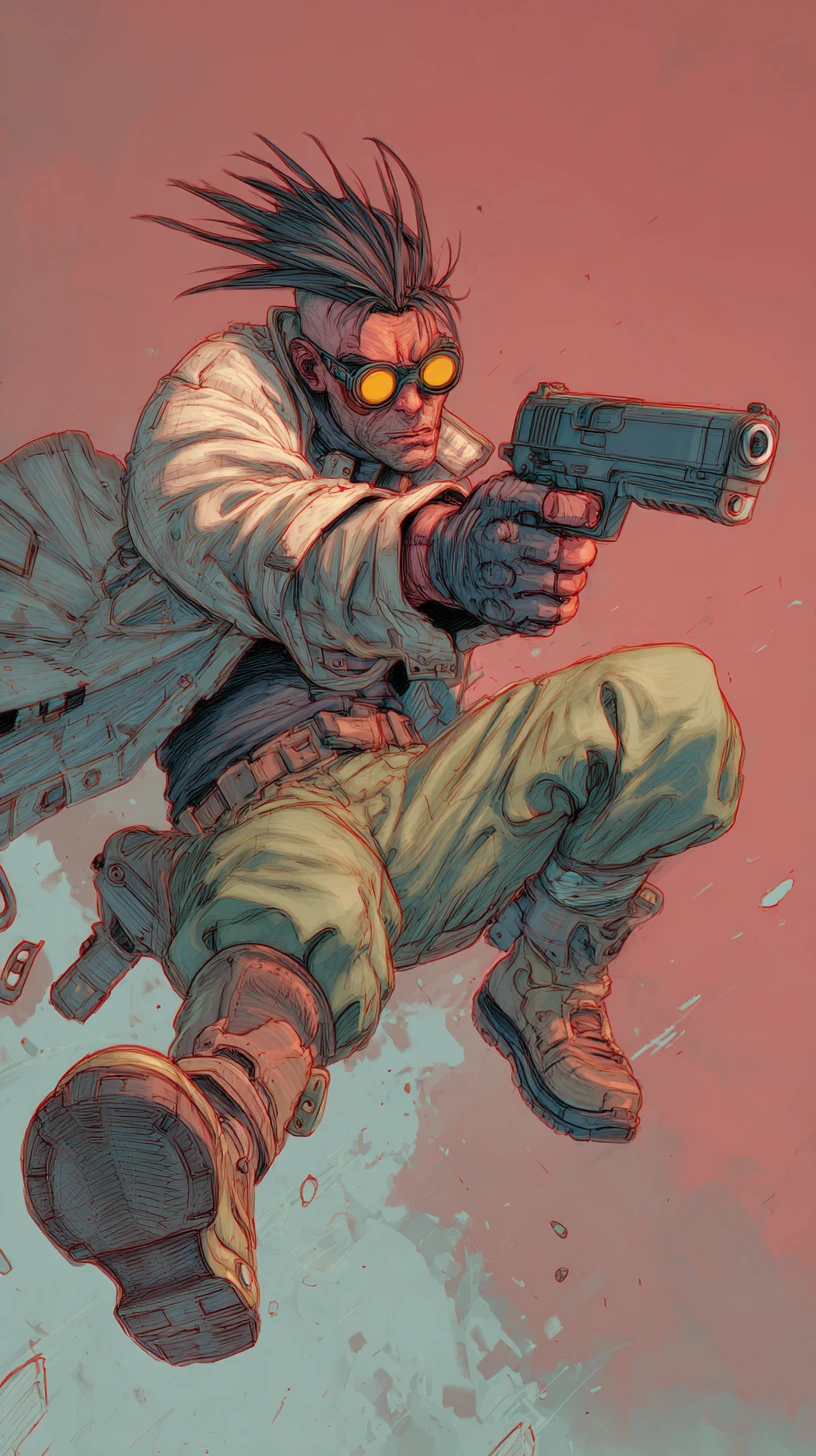 Cyborg cyberpunk che mira con una pistola in movimento dinamico